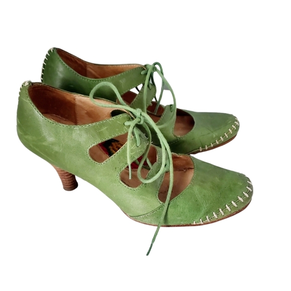 Terra Plana Artisan Design Handcrafted Green Leather Lace Up Heels Size 39/8 - Picture 3 of 7